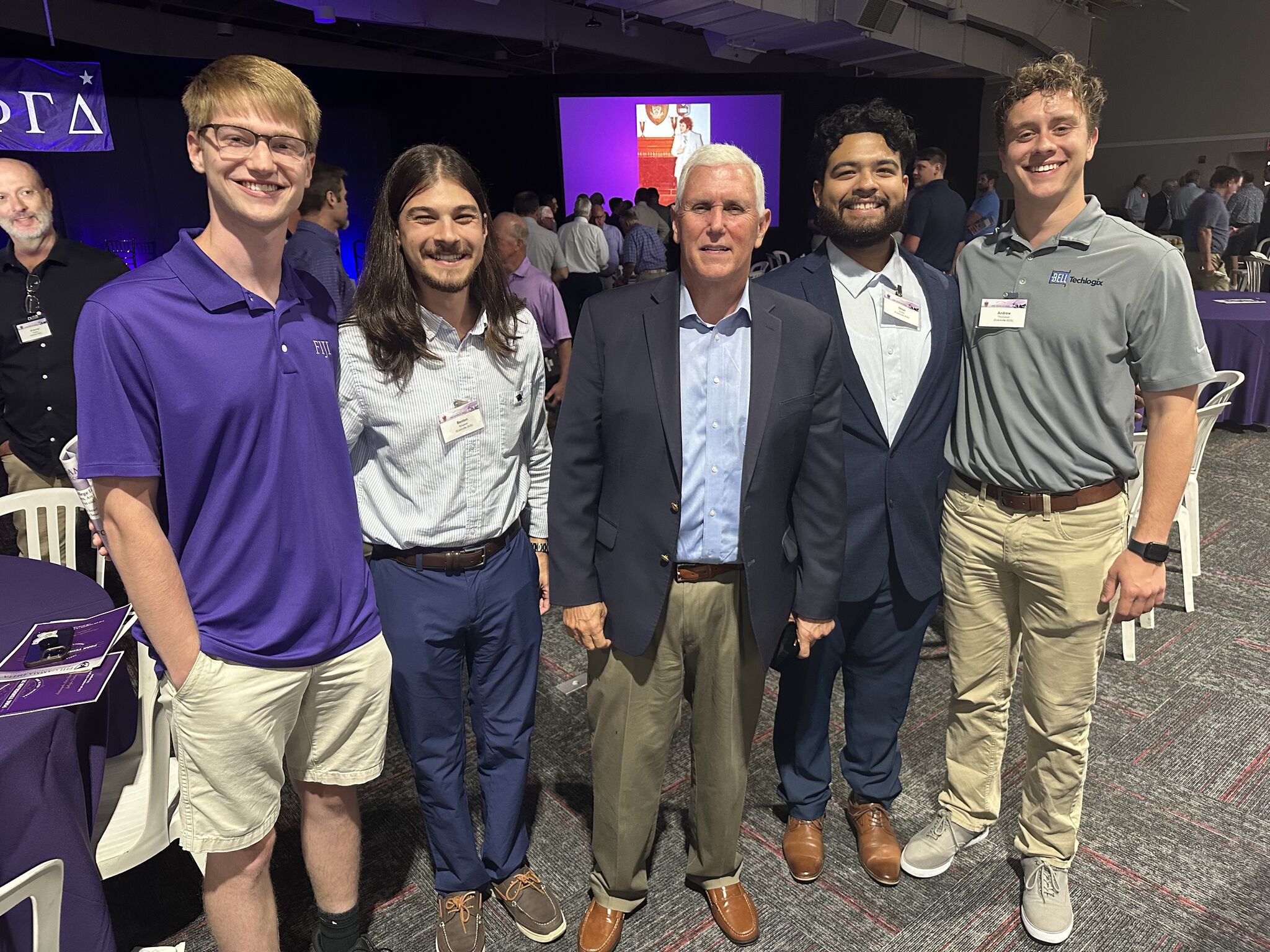 Andrew S. Thompson and three Phi Gamma Delta brothers posing with Vice President Mike Pence at the Indiana Governors' dinner